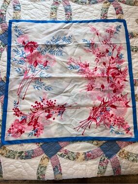 Vintage Paoli Floral Square Scarf Blue Border Pink Carnations Made in Japan